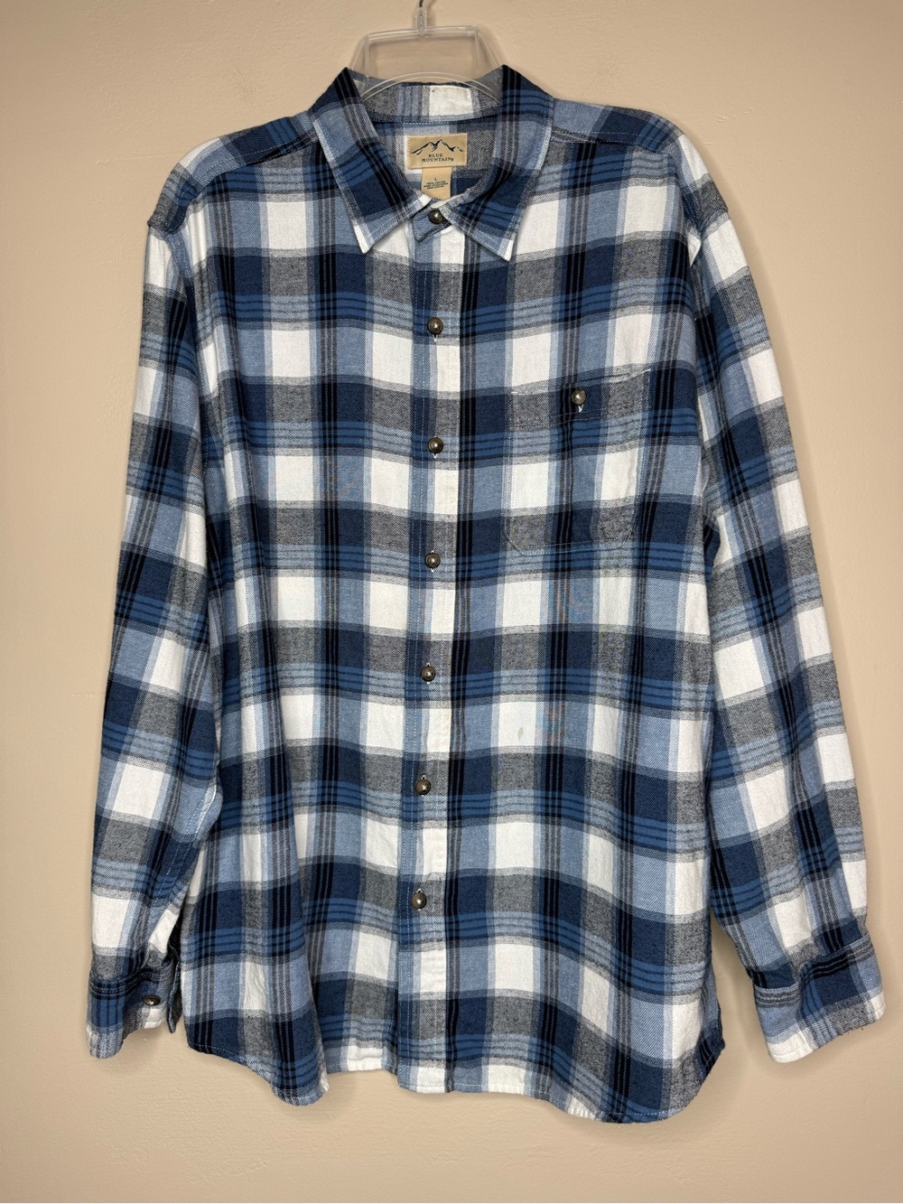 Blue Mountain Blue Gray Plaid Button-Down Shirt Cotton Flannel Size Large